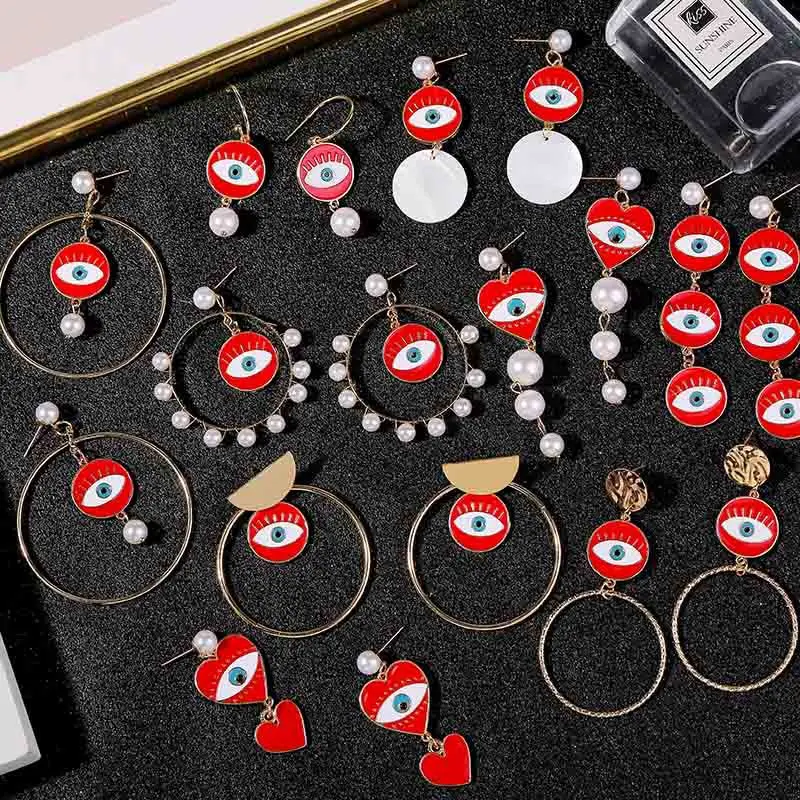 Boucles d'oreilles Vintage mauvais œil rouge, Imitation de perles pour femmes, grand cercle en or, cœur, pendentif, bijoux Boho, 2019