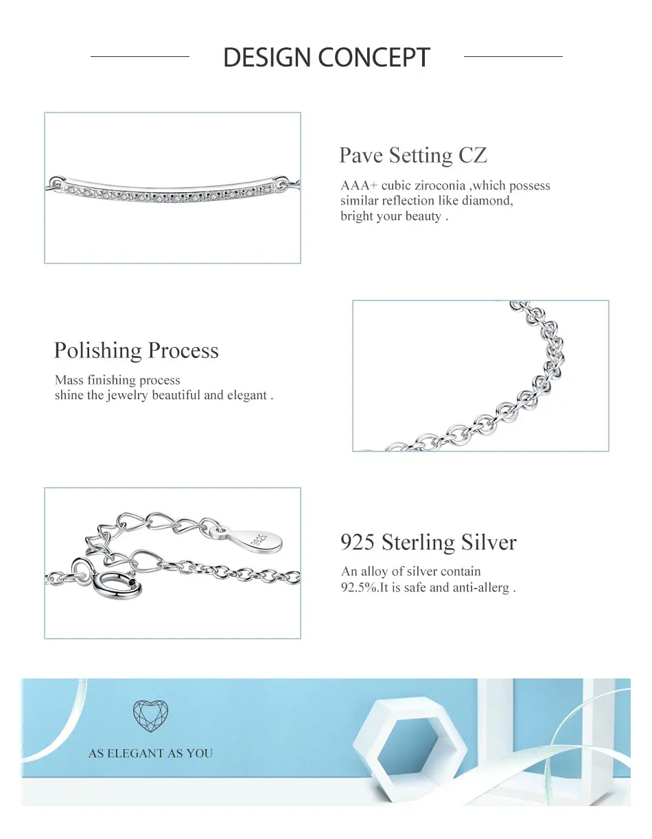 Classic 925 Sterling Silver CZ Zircon Crystal Long Bar Charm Bracelet for Women Lady Fashion Link Chain Square Bracelet Jewelry