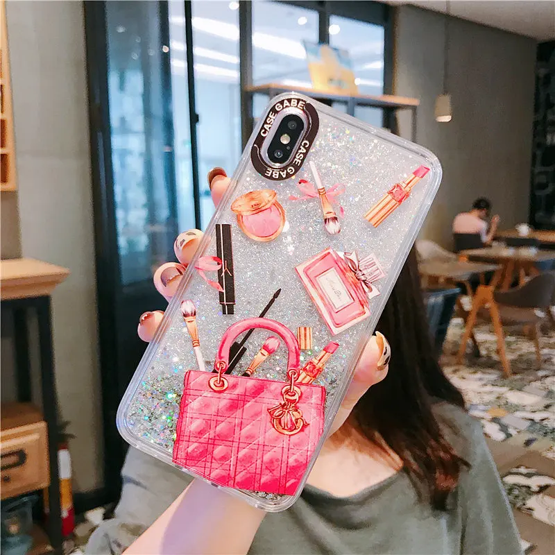 

Luxury Cosmetic Makeup Perfume Lipstick small icon cover For iphone 8 plus 7 6 6s plus X XR XS Max Dynamic liquid quicksand case