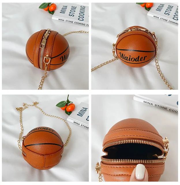 Kids Basketball Messenger Bag Children Girls Leather Round Crossbody Pack Metal Chain Strap For Holiday Travel 2