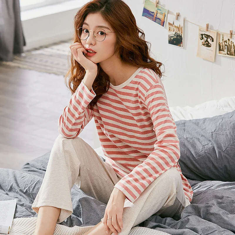 

Pajamas Women's Long Sleeve Classic Pajamas for Women Striped Plus Size Knitted Pink Cotton Ladies Female Homewear Suit