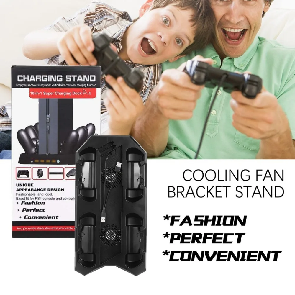 PS4/PS4 Slim/PS4 PRO вертикальная подставка с охлаждающим вентилятором 10 в 1 4 контроллера зарядная станция для SONY Playstation 4