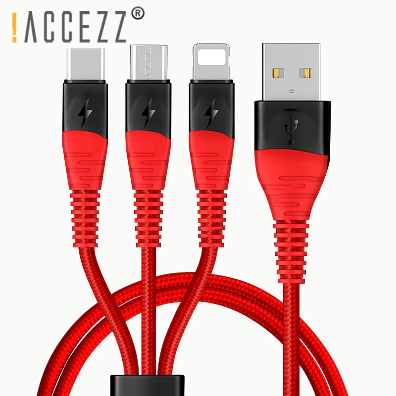 ACCEZZ 3 в 1 USB зарядное устройство кабель для передачи данных 3A Быстрая зарядка для iPhone 7 8 6 X XS XR samsung Xiaomi huawei прочный кабель для мобильного телефона