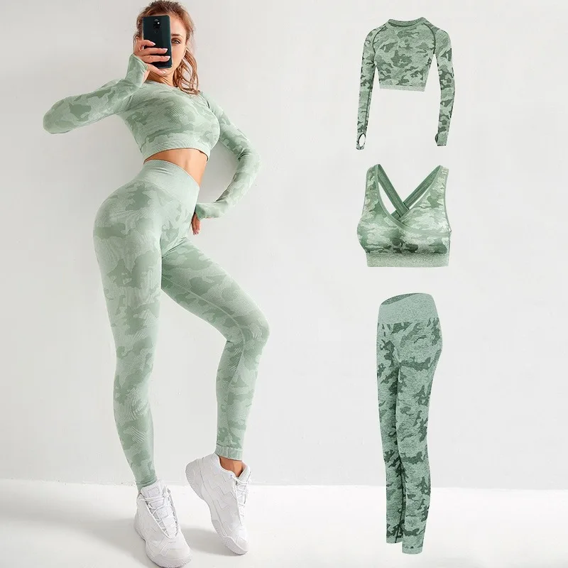 

3 Piece Set High Waist Fitness Yoga Wear Fashion Long Sleeve Top Stretch Quick Dry Leggings Sexy Sports Bra Women Gym Clothing