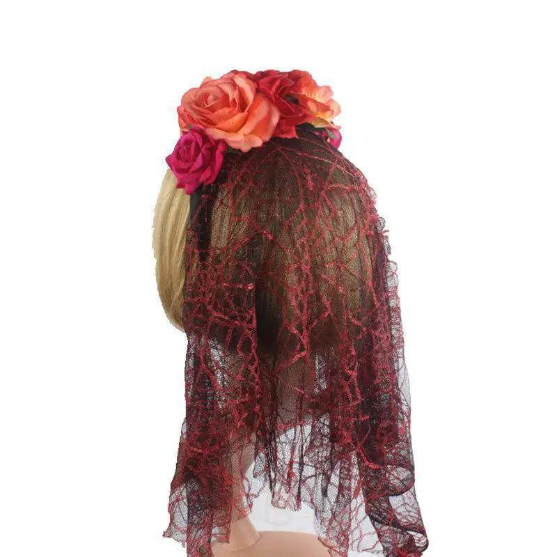 Women Girls Halloween Artificial Flower Headband with Spider Net Mesh Veil Day of The Dead Crown Mexican Long Ribbon Hair Hoop