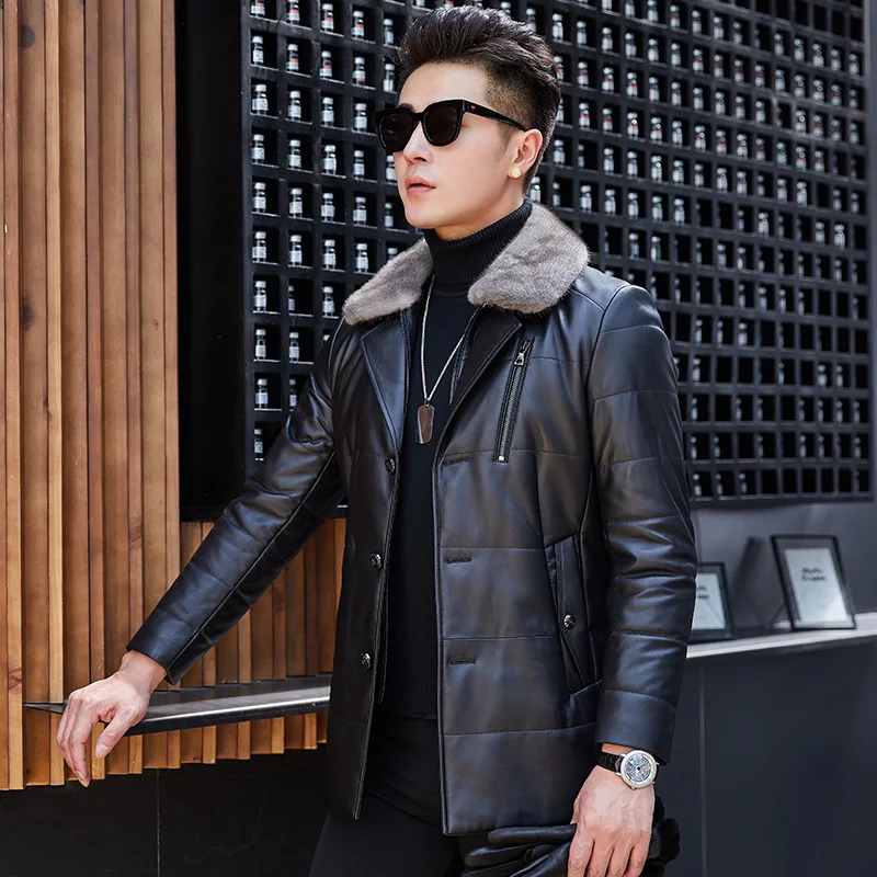 

Sheepskin Genuine Leather Jacket Real Mink Fur Collar Duck Down Winter Coat Men SY1925-2F YY917