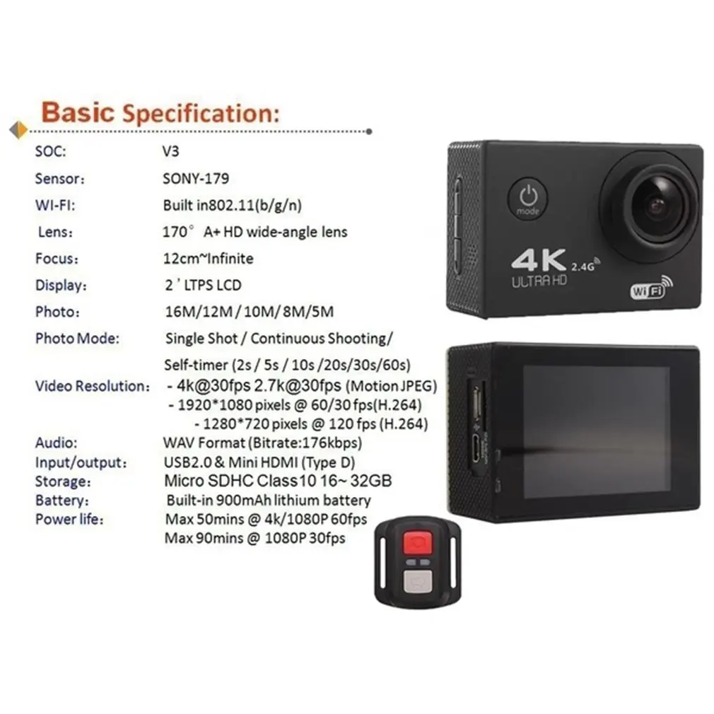 Экшн-камера Ultra HD 4 K/30fps WiFi 2," Подводный Водонепроницаемый шлем видео запись камера s Спортивная камера