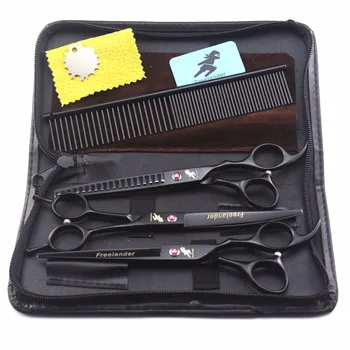 

7 "Professional pet grooming kit, direct and thinning scissors and curved pieces 4 pieces. ,technicolor black