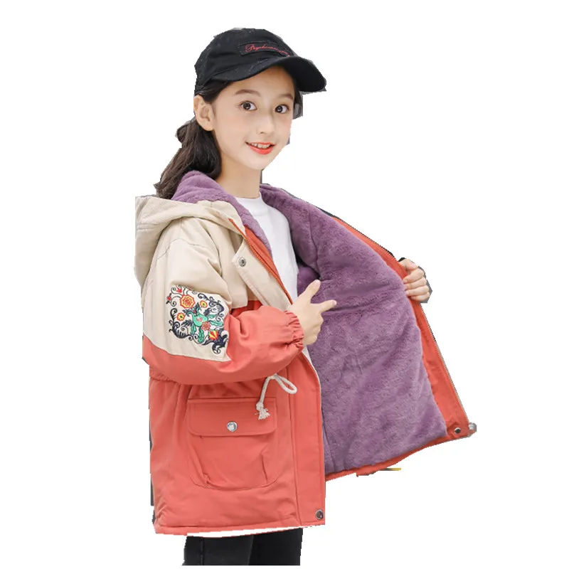 

-20 Degree Girls Winter Coat Child Warm Thicken Coat Cotton-padded Hooded embroidery School Sport Keep Warm Snow Outwear