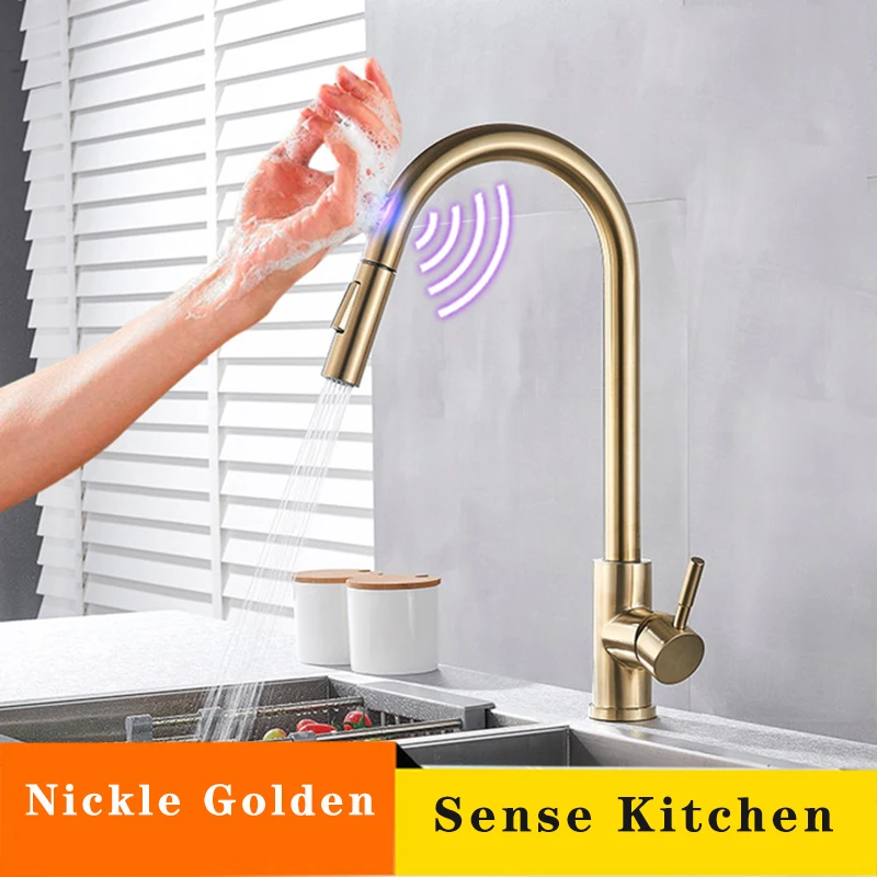 Nickle Golden Senlesen ассистивные сенсорные Кухонные смесители из никеля и нержавеющей стали с выдвижным распылителем с одной ручкой, смесители для кухонной раковины - Цвет: Nickle Golden