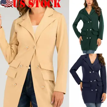 

Autumn Winter Women's New Long Sleeve Business Office Duster Button Ladies Coat Solid Color Elegant Jacket Blazer