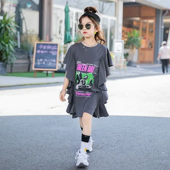 

Girls Kids Hip Hop Costumes Streetwear Dress Ruffles Round Neck Vestidos T-shirt Dress Clothes Outfits Ruched 4 to 16 yrs