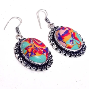 

Rainbow Calsilica Silver Overlay on Copper Earrings, 50 mm , E4347