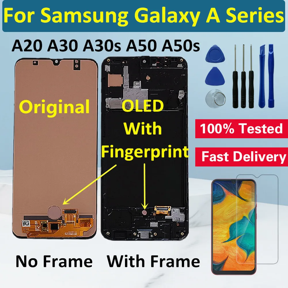 Origianl OLED With Frame For Samsung Galaxy A20 A30 A30S LCD Display Screen Touch Digitizer For Samsung A40 A50 A50S LCD Screen