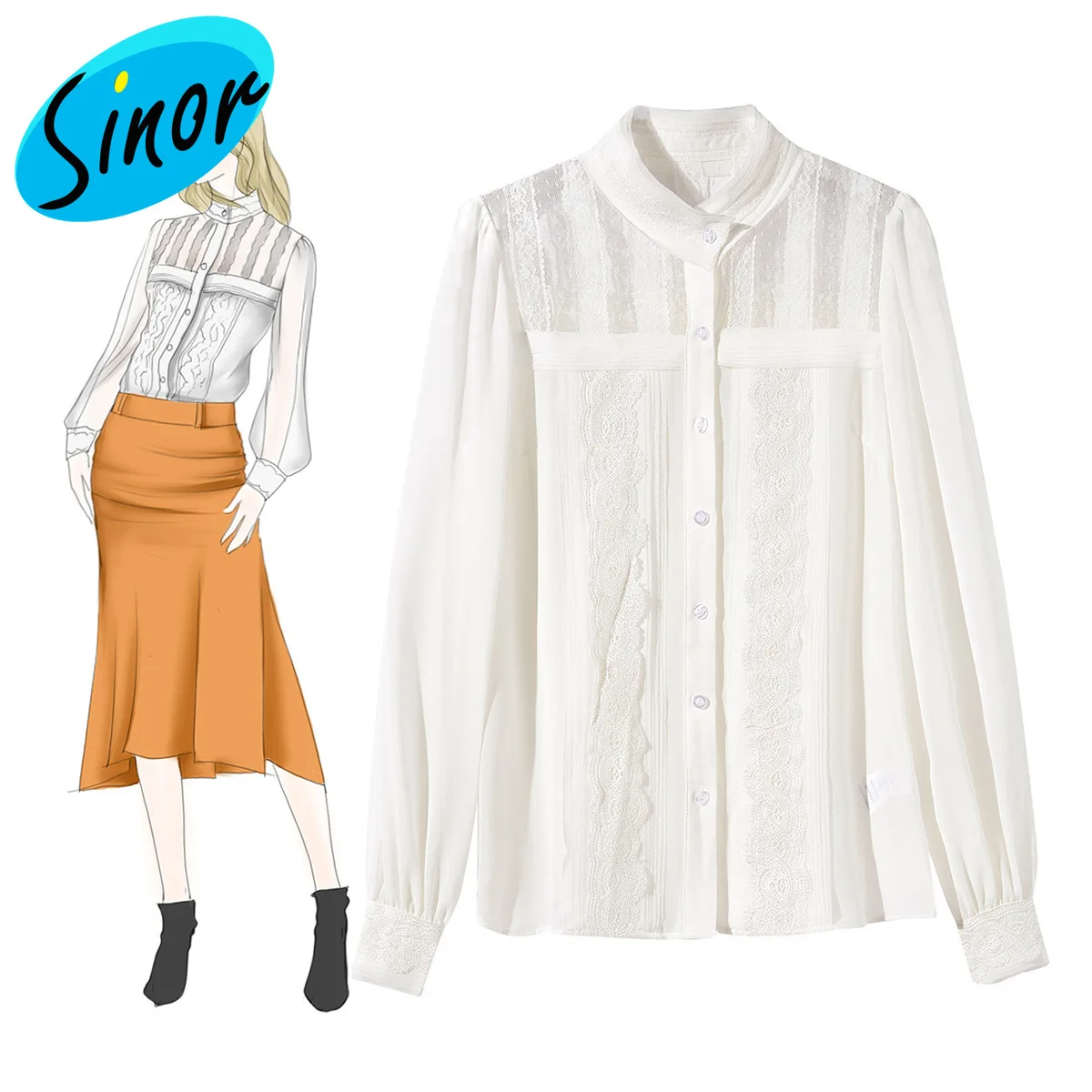 

Spring 2021 new lace shirt stand collar mesh perspective lace edge temperament women's shirt 812178