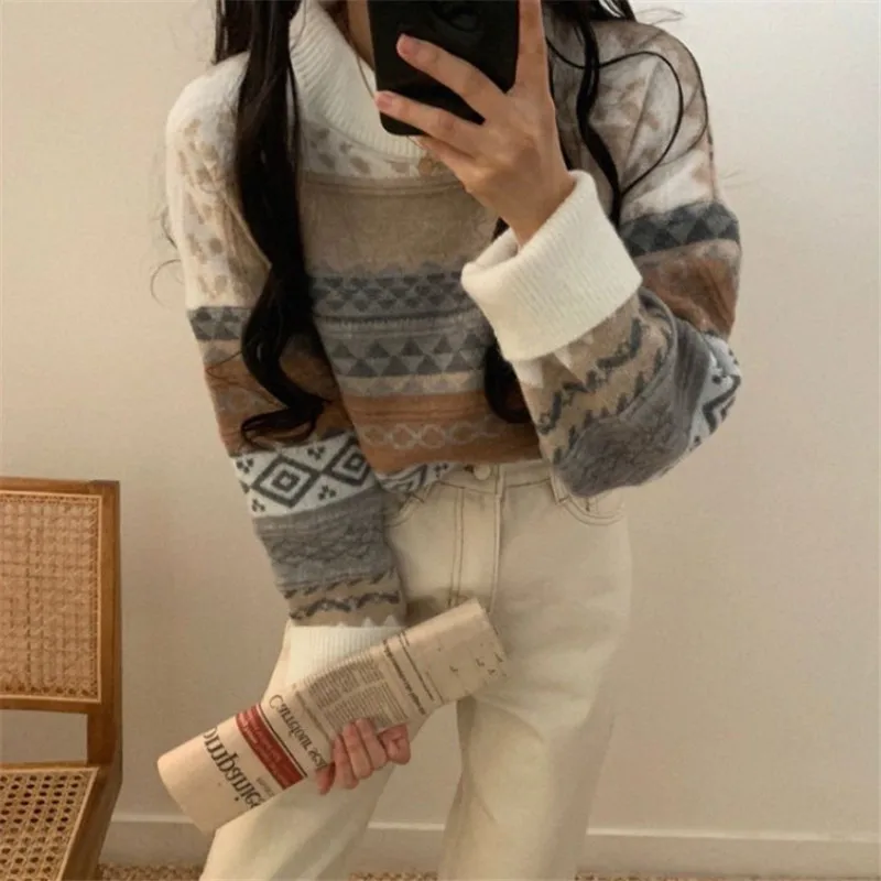RUGOD, винтажный вязаный свитер с принтом, Женский Повседневный пуловер с круглым вырезом и длинным рукавом,, осенне-зимний свитер, топы, Pull Femme Hiver