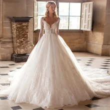 White Wedding Dress Lace 3D Flower O-neck Long Sleeve Simple Bridal Dresses Zipper Custom Made Plus Size Wedding Gown