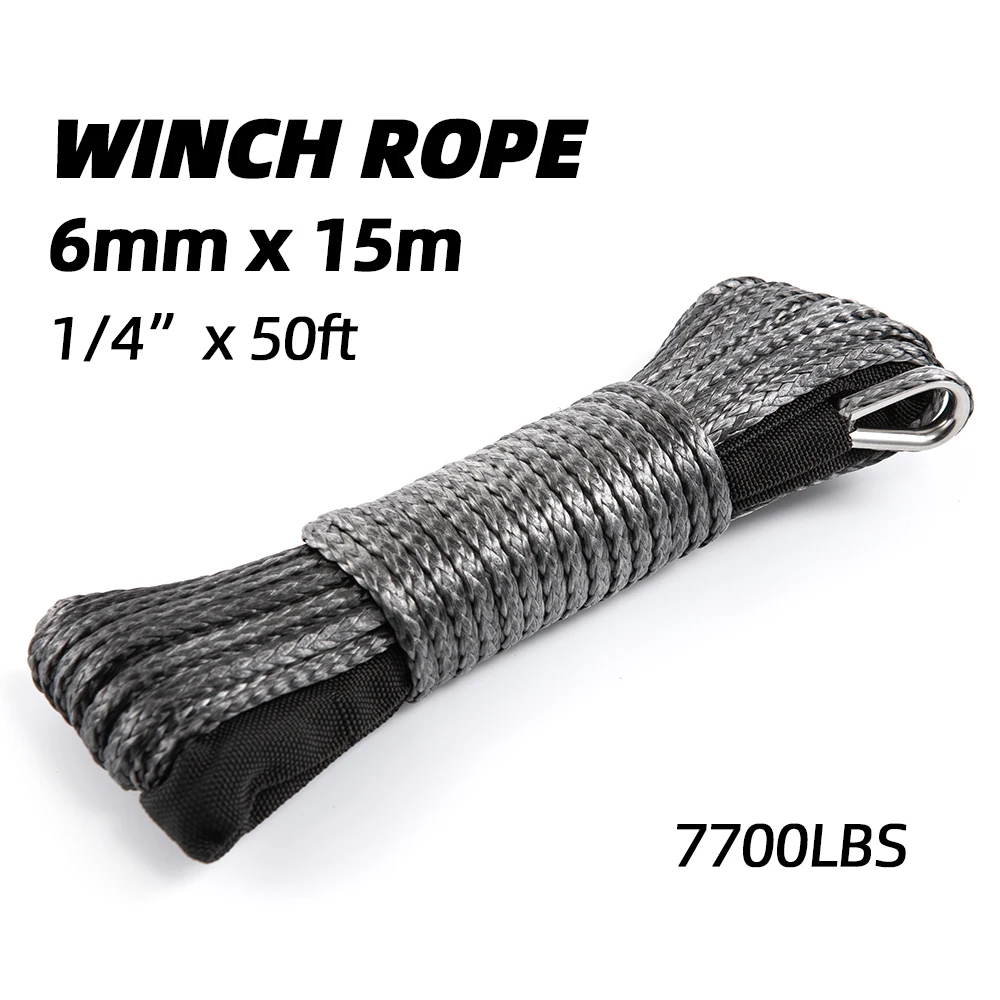 Winch Rope String Line Cable with Sheath Gray Synthetic Towing Rope 15m