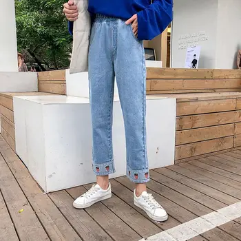 

Women Casual Stretch Trousers High Waist Straight Pants Cartoon Strawberry Embroidered Loose Jeans Denim Nine Pants