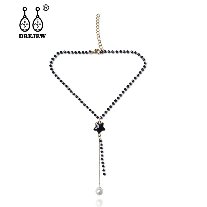 

DREJEW Black Strand Chain Star Pearl Statement Choker 2019 Long Silver Pendant Necklace for Women Custom Collares Jewelry HN682