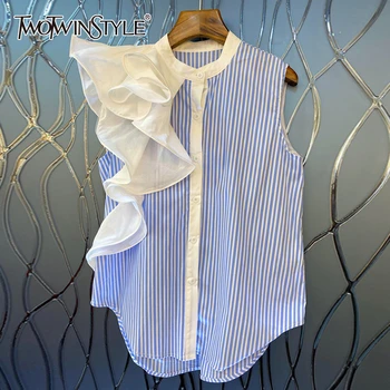 

TWOTWINSTYLE Casual Patchwork Ruffles Women T Shirt O Neck Sleeveless Loose Hit Color Striped T-shirt For Female Fashion Clothes