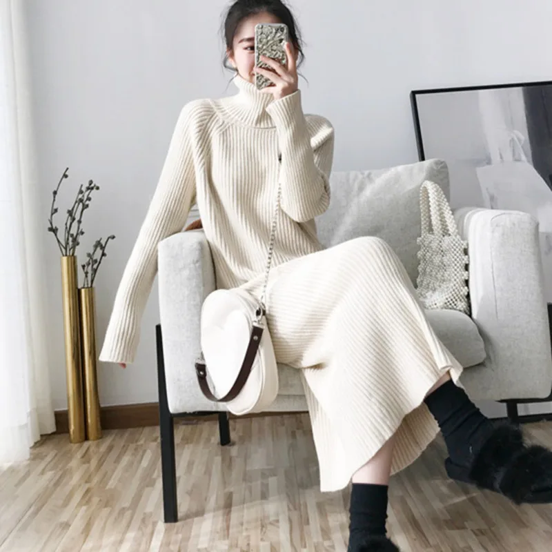 

Pullover Turtleneck Sweater Women Long Autumn Winter Sweater Dresses For Women Warm Thick Casual Female Knitted Dress Robe Femme