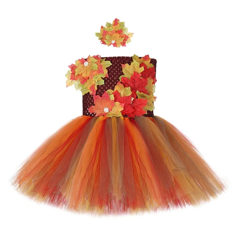 Dress and Headband Осеннее сказочное платье-пачка для девочек осенний костюм на Хеллоуин с кленовыми листьями для девочек, платье на день рождения, День благодарения, одежда - Цвет: Dress and Headband