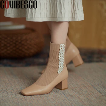 

COVIBESCO Autumn Winter Women Ankle Boots Genuine Leather Square Toe Thick Heels Shoes Woman elegant New String Bead Basic Boots