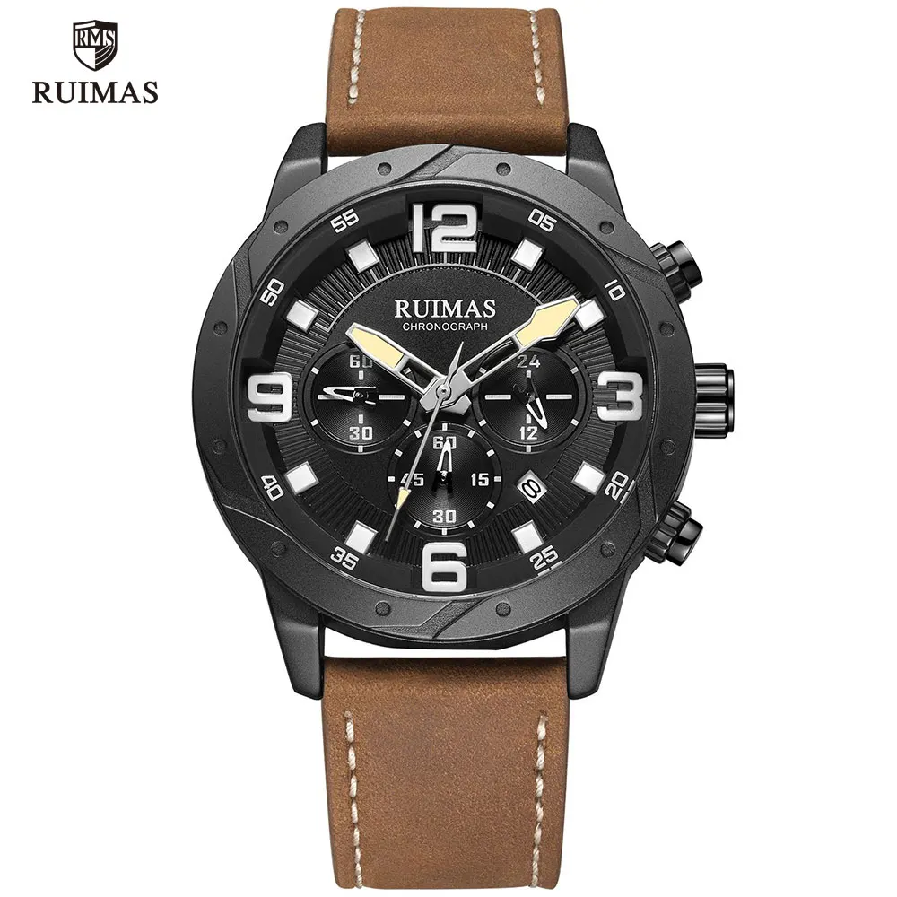 RL595G-Brown black RUIMAS мужские часы с хронографом, Роскошные водонепроницаемые часы от ведущего бренда, мужские черные кожаные кварцевые наручные часы, мужские армейские Relogios 595 - Цвет: RL595G-Brown black