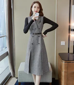

Women Tweed Notched Plaid Dress Two Piece Set Winter Long Sleeve Knitted Sweater And Double-breasted Woolen Vest Dress Skirt Set