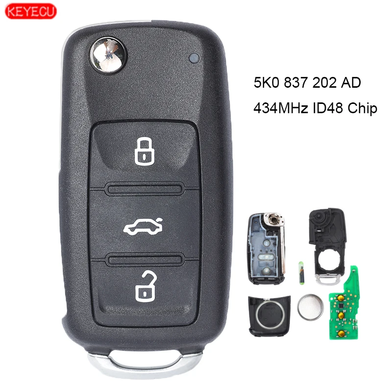 

KEYECU Flip Remote Car Key Fob 2 Button 434MHz ID48 for VW Volkswagen Toureg Beetle Golf Jetta 2011-2015 5K0 837 202 AD
