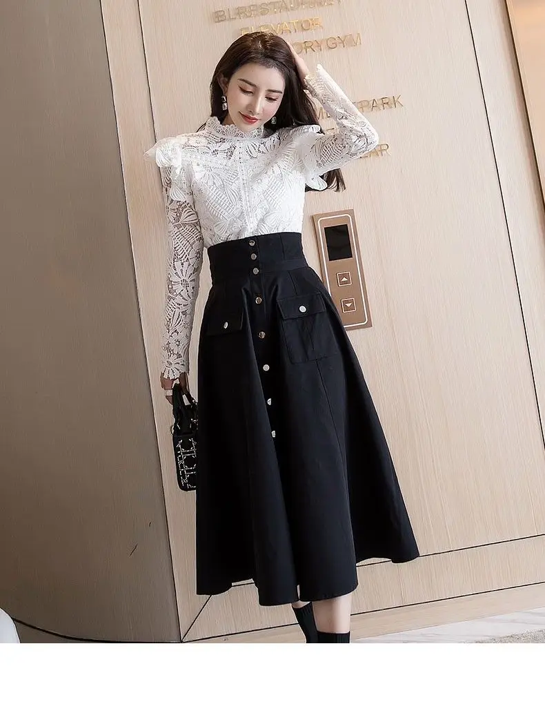 

Vintage Black Single Breasted High Waist A Line Long Skirt For Women Summer Autumn Streetwear Ladies Chic Slim Waist Midi Skirt