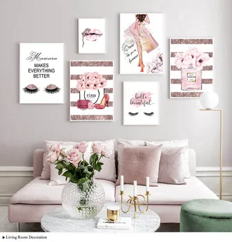 

Pink Flower Perfume Fashion Poster Eyelash Lips Makeup Print Canvas Art Painting Wall Picture Modern Girl Room Home Decoration