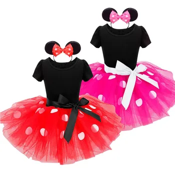 

Fashion new Sleeveless Minnie Mouse Dress Cosplay Costume for Girls Summer Mesh Tutu Dress Headband Girl Polka Dot Clothing