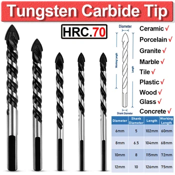 

5Pc Multi-Material Tungsten Carbide Tip Tile Drill Bits For Porcelain Ceramic Concrete Brick Wall Glass Mirrors Wood 6-12mm D35
