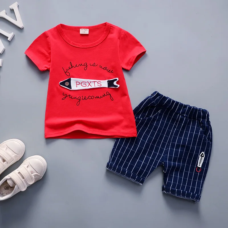 red Комплекты летней одежды для детей костюм для бега для мальчиков детская повседневная хлопковая футболка+ шорты, спортивный костюм из 2 предметов для маленьких мальчиков, одежда, костюмы - Цвет: red