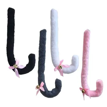 

Japanese Adult Kids Cosplay Anime Lolita Costume Fluffy Plush Long Cat Tail with Ribbon Bowknot Bell Masquerade Halloween Party