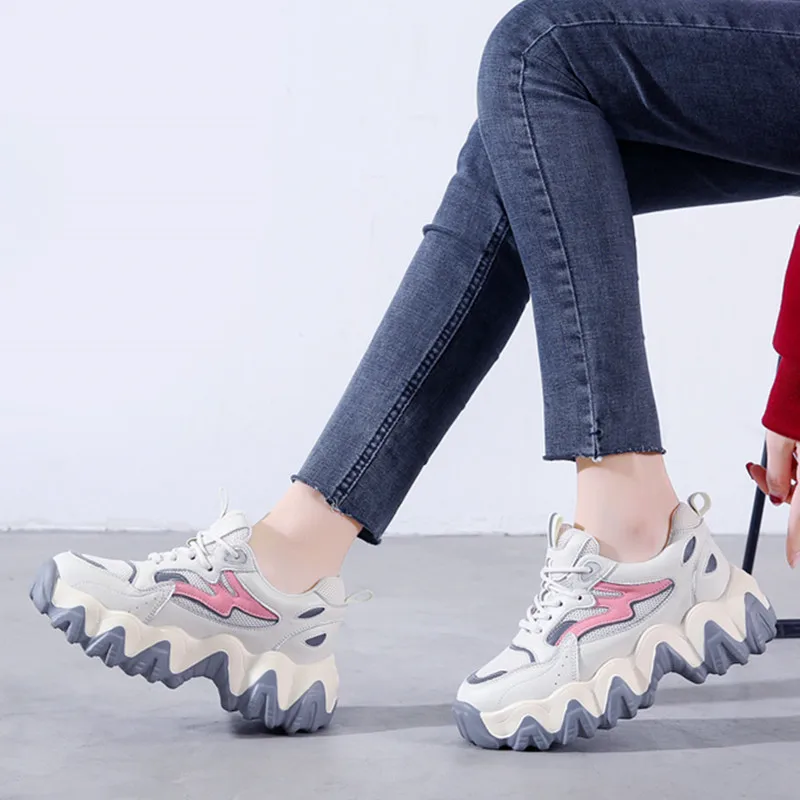 

Daddy Shoes Mixed Colors Women Casual Shoes Round Toe Shoes Lace-up Women Sneakers Wave Sole Sneakers Thick Bottom Women Flats