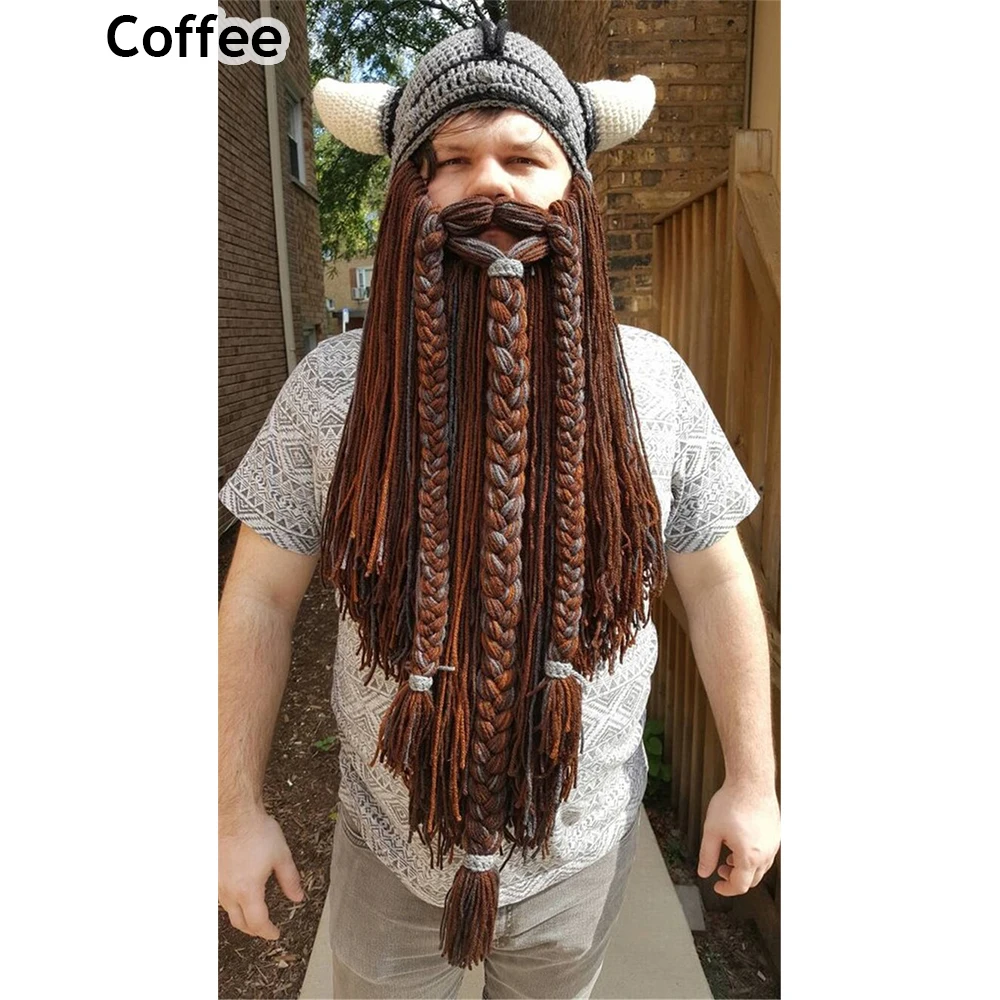 coffee Мужская вязаная шапка ручной работы с длинной бородой и рогом Викинга, забавная Лыжная шапка, крутая Шапка-бини варвара, маска, подарок на Хэллоуин, праздник, вечеринку - Цвет: coffee