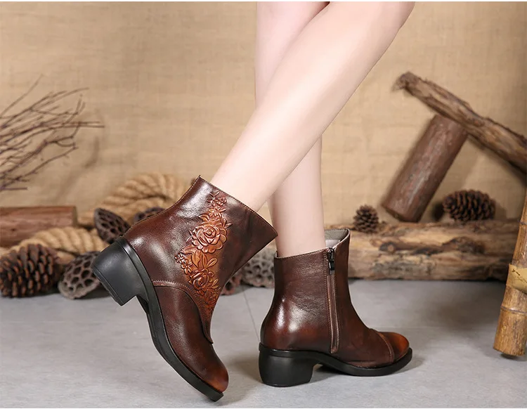 Boots, leather, retro flowers, slope, scrub, short boots, anti-skid