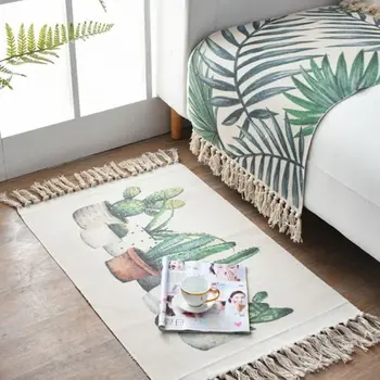 

Floor Mat Cotton Thread Woven Retro Bohemian Style Long Rug Cotton Linen Carpet Bedside Rug Geometric Floor Mat