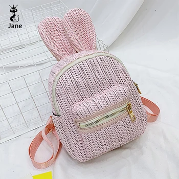 

straw women backpack girls shoulder bag cute cat woven canvas laptop backpack shoulder schoolbag for teenager girls travel 2019