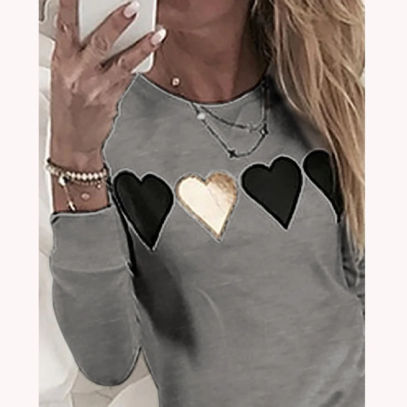 02 Heart Print Gray Женская блуза с блестками и принтом, повседневный пуловер с губами на осень и зиму, Топ с длинным рукавом и бисером, женская модная Свободная блуза с круглым вырезом - Цвет: 02 Heart Print Gray