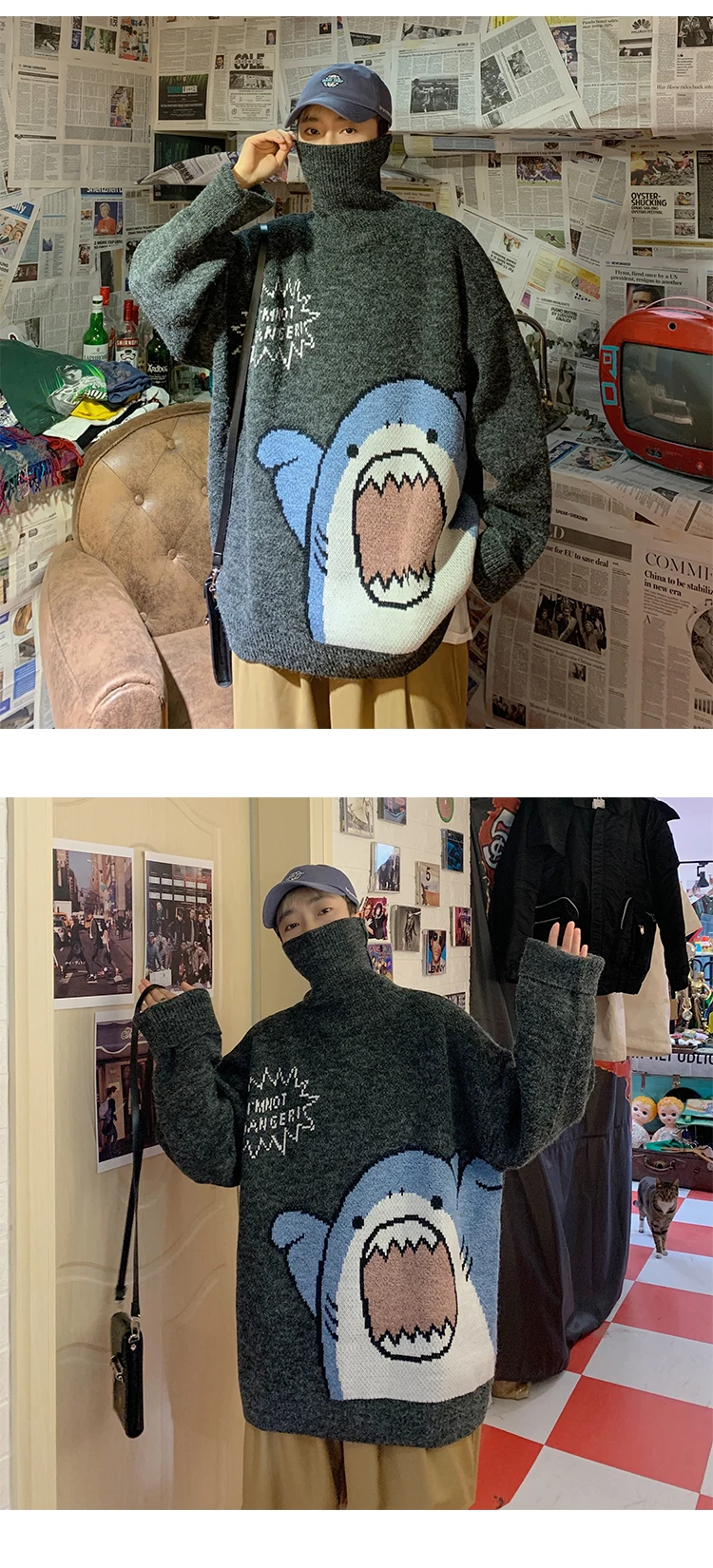 Men Turtlenecks Oversized Sweater Shark Letter JKP4765