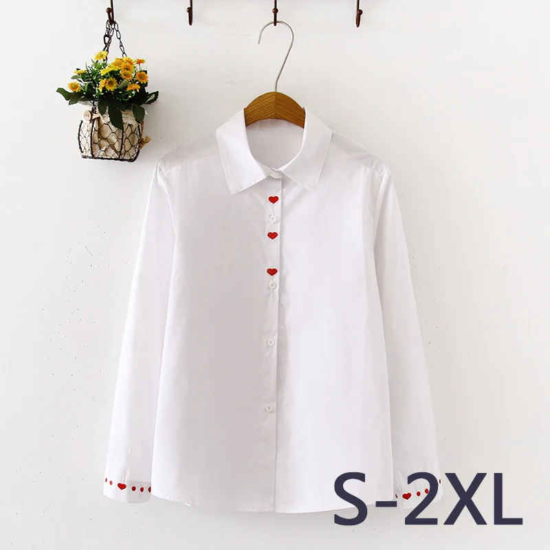 Белые рубашки с вышивкой Женские блузки Осенние Топы Корейский воротник Короткие Mori Girl женские рубашки дешевая одежда Китай T78168AW - Цвет: White - love heart