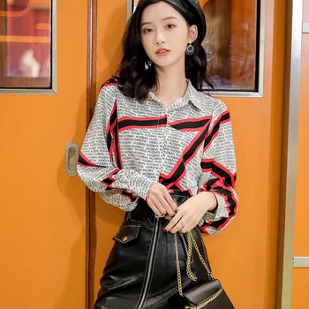 

Women Spring Autumn Letter Print Blouse Sweet Lapel Long Sleeve Loose Tops Shirt Feme