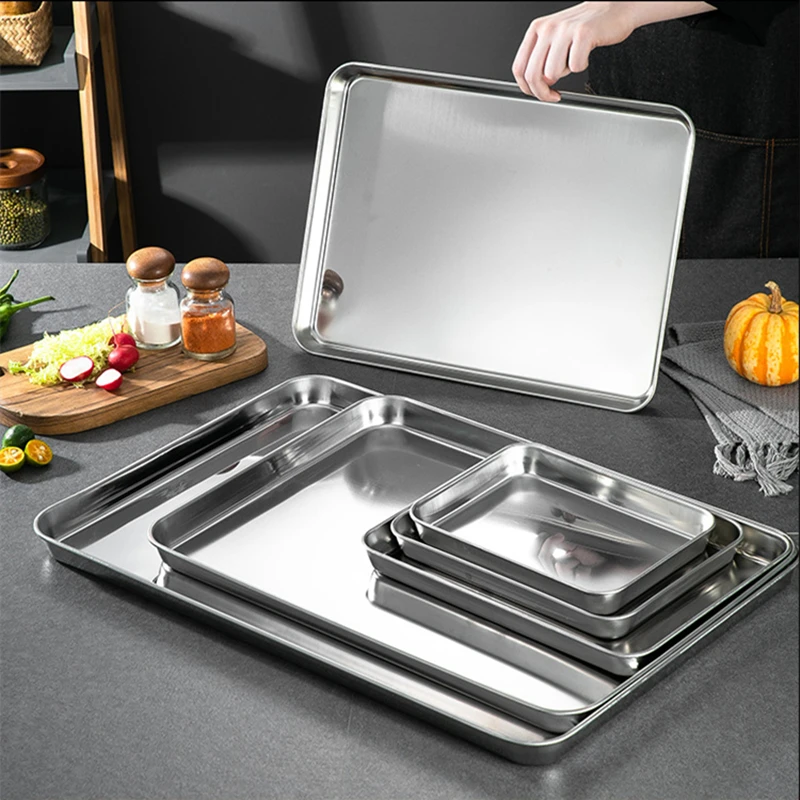 Stainless Steel Food Storage Tray Steamed Sausage Container Baking Pan Durable Fruit Vegetable Service Plates Kitchen Organizer