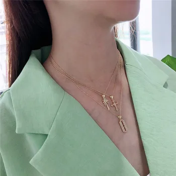 

RUIYI Real 925 Sterling Silver Women Summer Tropical Wind Sexy Gold Necklace Fashion Coconut Tree Blade Flower Pendant Chokers