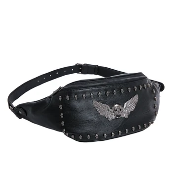 

Rivet Skull Belt Bag Retro Black Leather Waist Bags Steampunk Men Rivet Waist Bag Lady Skull Travel Shoulder Bag