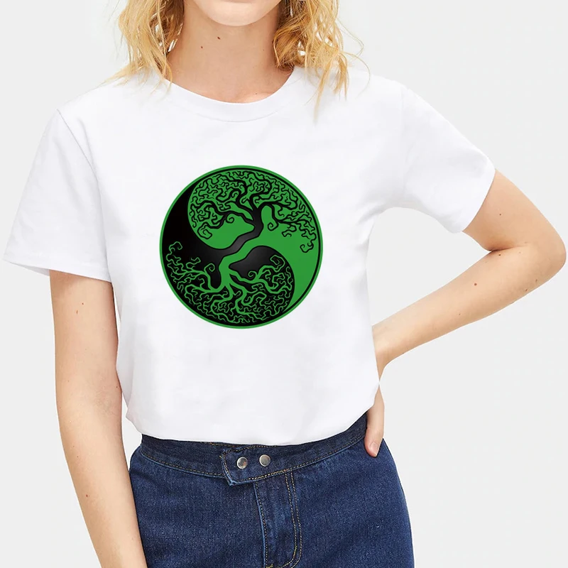 

Lychee Casual Color Block Crew Neck Women T-shirt Yinyang Print Loose Summer Women T Shirts Short Sleeve Lady T Shirt